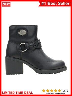 Full Grain Leather Ankle Harness Motorcycle Boots Block Heel